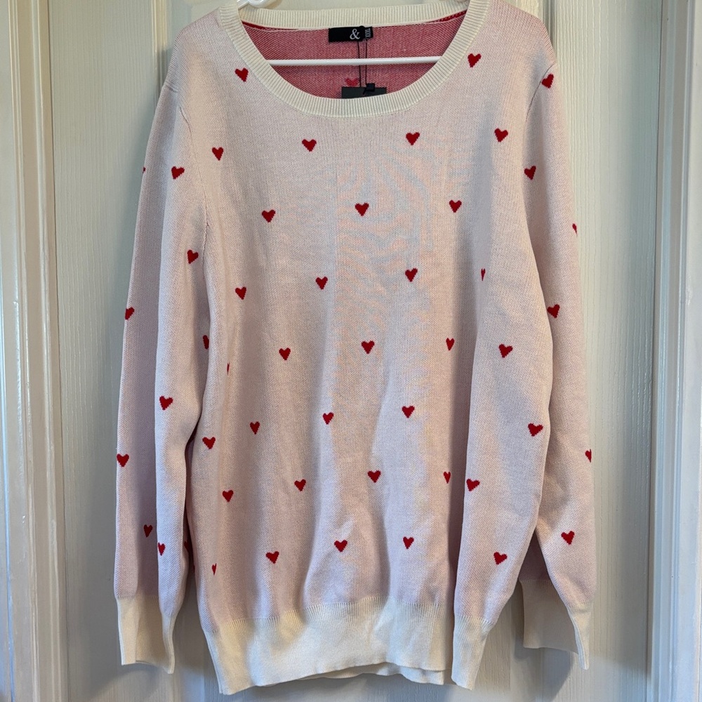 AMPERSAND AVE Cream Sweater with Red Heart Pattern